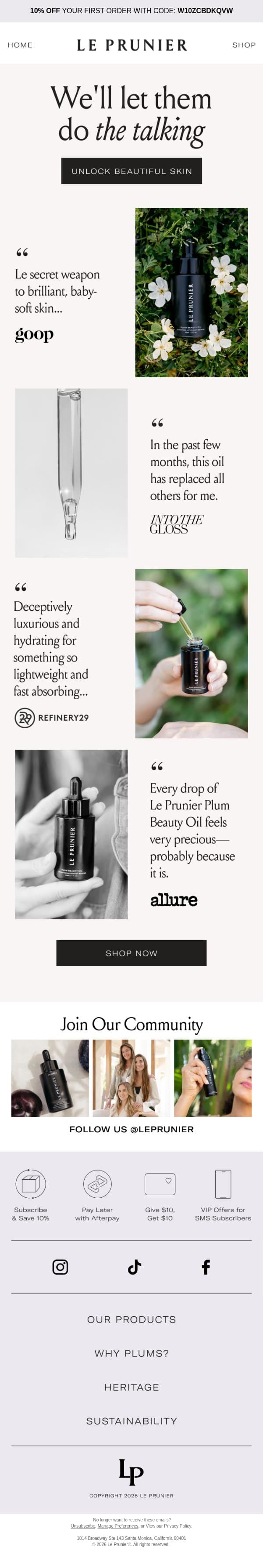 "Le secret weapon to brilliant, baby-soft skin..." ⚡️ email from Le Prunier screenshot