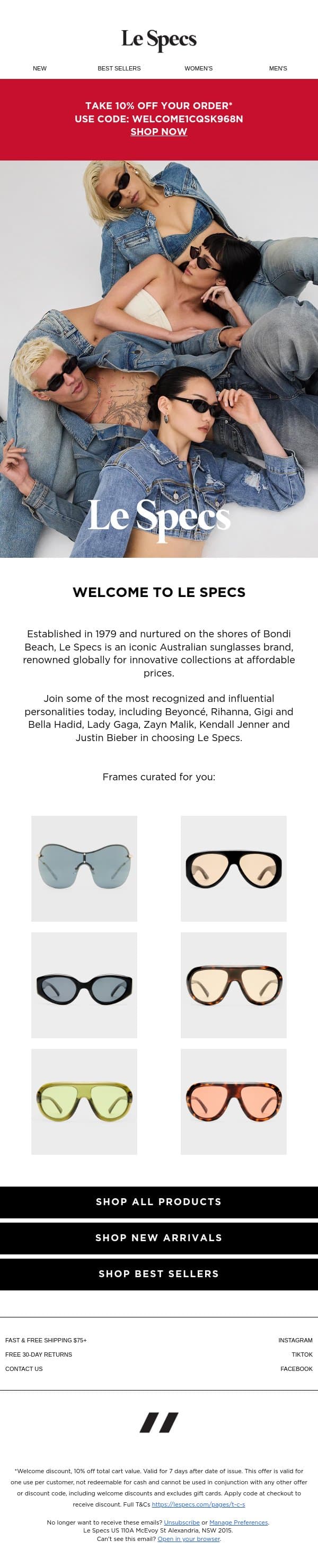 Welcome To Le Specs email from Le Specs screenshot