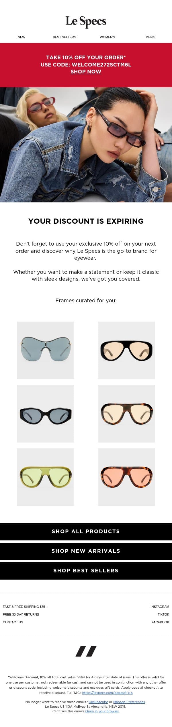 10% Off Le Specs email from Le Specs screenshot