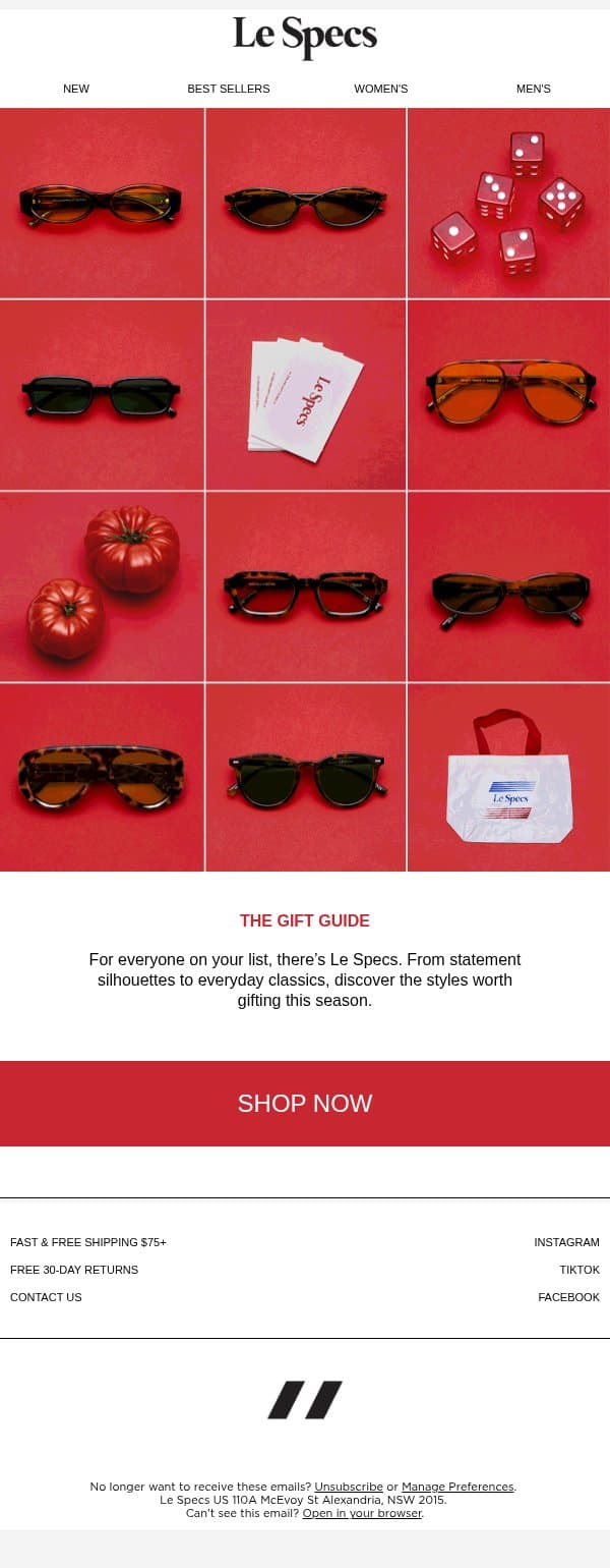 LE SPECS GIFT GUIDE email from Le Specs screenshot