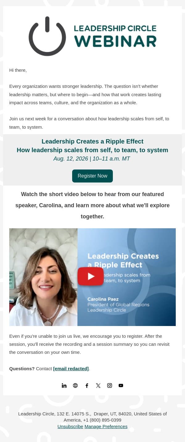 Leadership Creates a Ripple Effect — Join Us Next Week email from Leadership Circle screenshot