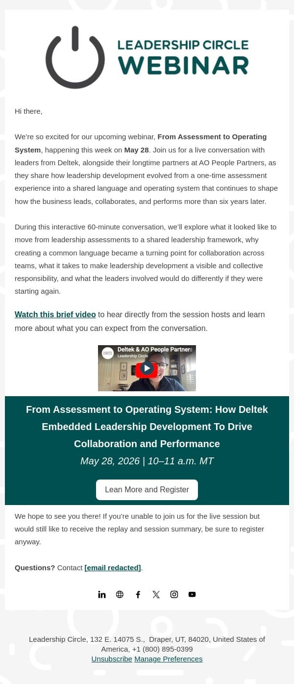 Happening this Week: From Assessment to Operating System email from Leadership Circle screenshot