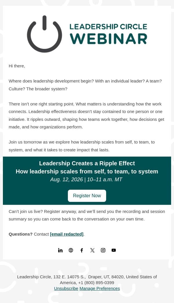 Happening tomorrow: Leadership Creates a Ripple Effect email from Leadership Circle screenshot