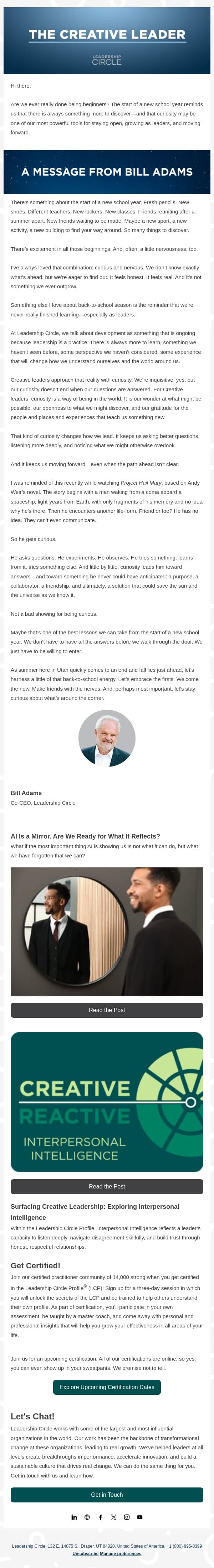 Creative Leaders Are Perpetual Beginners email from Leadership Circle screenshot
