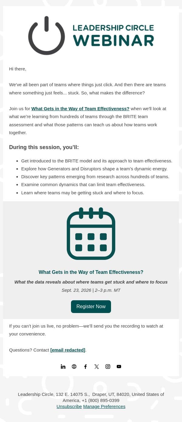 What gets in the way of team effectiveness? email from Leadership Circle screenshot