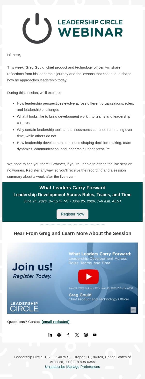 Happening this week: What Leaders Carry Forward: Leadership Development Across Roles, Teams, and Time email from Leadership Circle screenshot