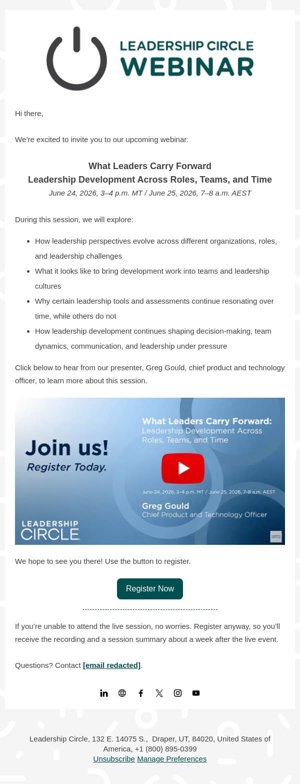 Join the conversation, What Leaders Carry Forward: Leadership Development Across Roles, Teams, and Time email from Leadership Circle screenshot