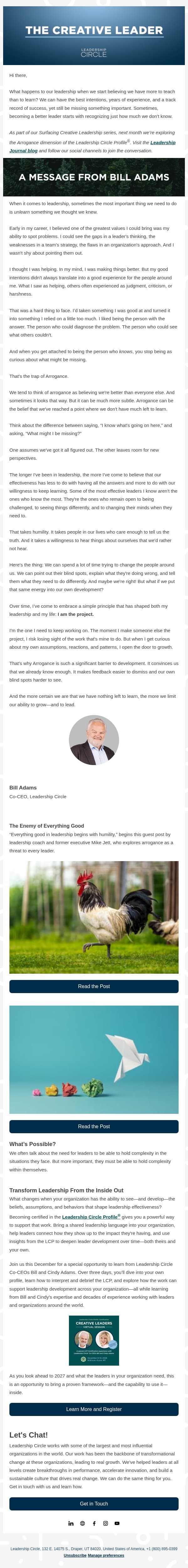 Arrogance and the End of Curiosity email from Leadership Circle screenshot