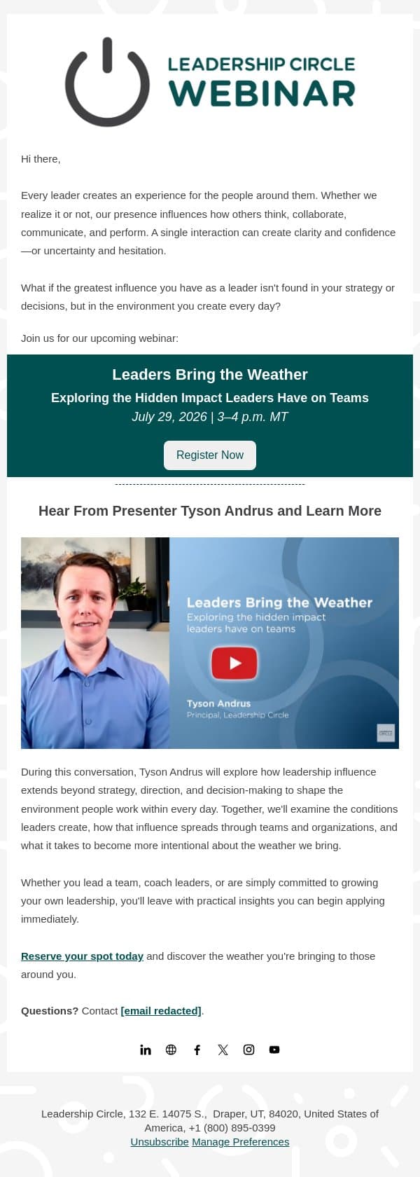 What kind of weather are you bringing as a leader? email from Leadership Circle screenshot