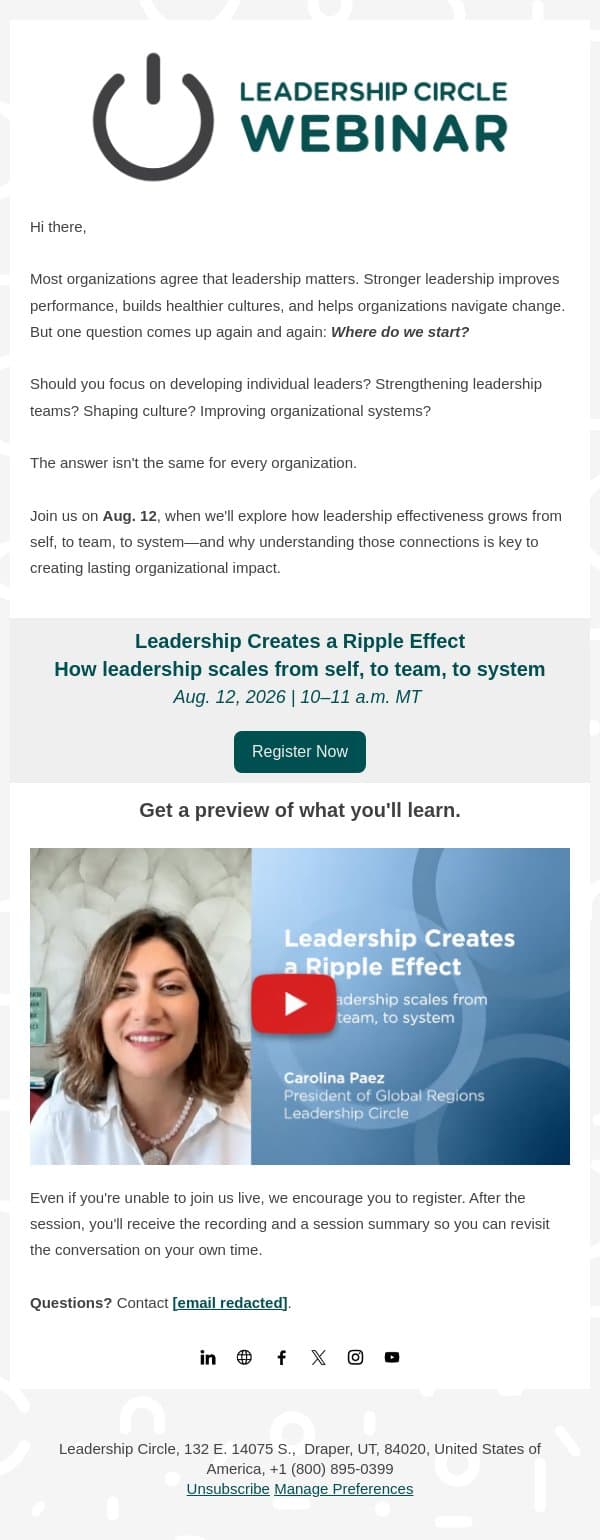 Where should leadership development begin? email from Leadership Circle screenshot