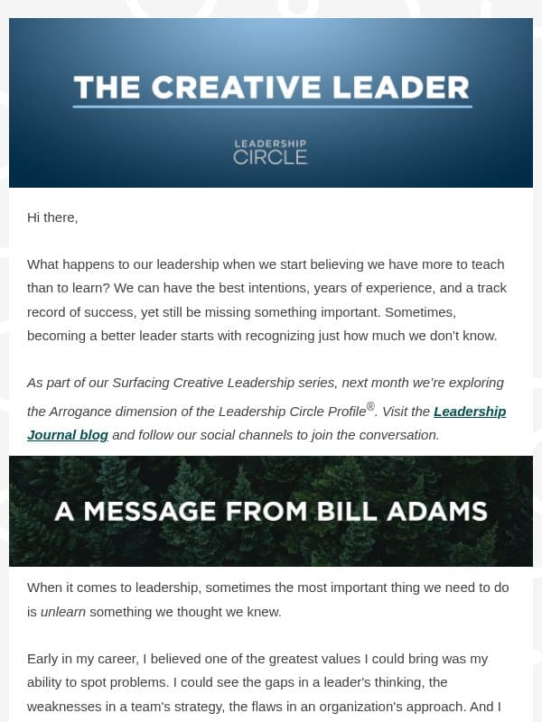 Arrogance and the End of Curiosity email from Leadership Circle