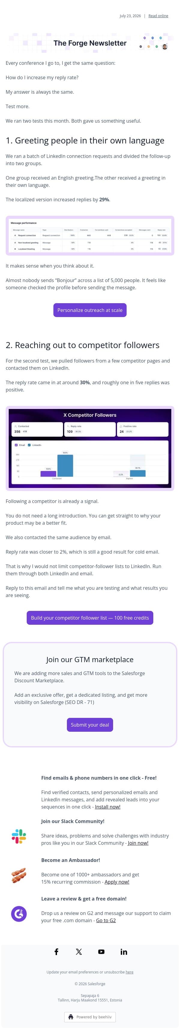 What I tell people at every conference email from Leadsforge screenshot