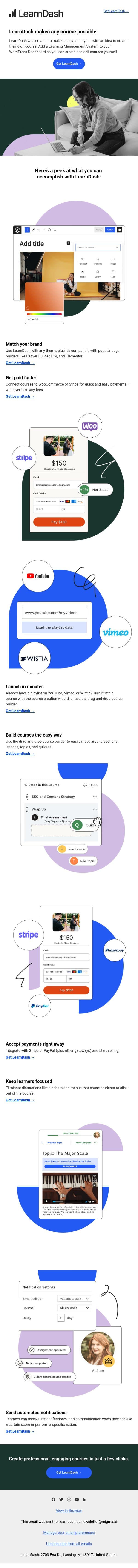 LearnDash makes any course possible 🤩 email from LearnDash screenshot
