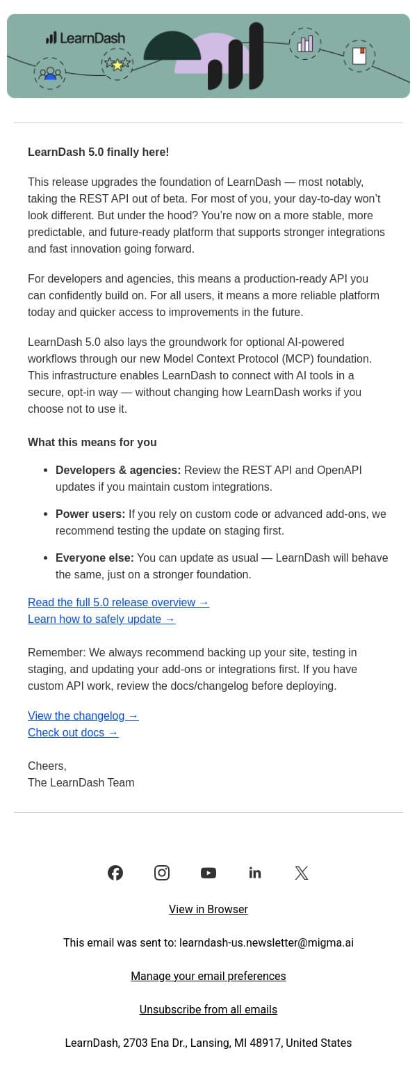 🚨 LearnDash 5.0 is live! email from LearnDash screenshot