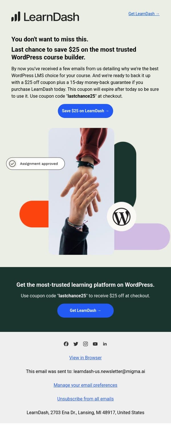 Last chance to save on the most trusted WordPress course builder email from LearnDash screenshot