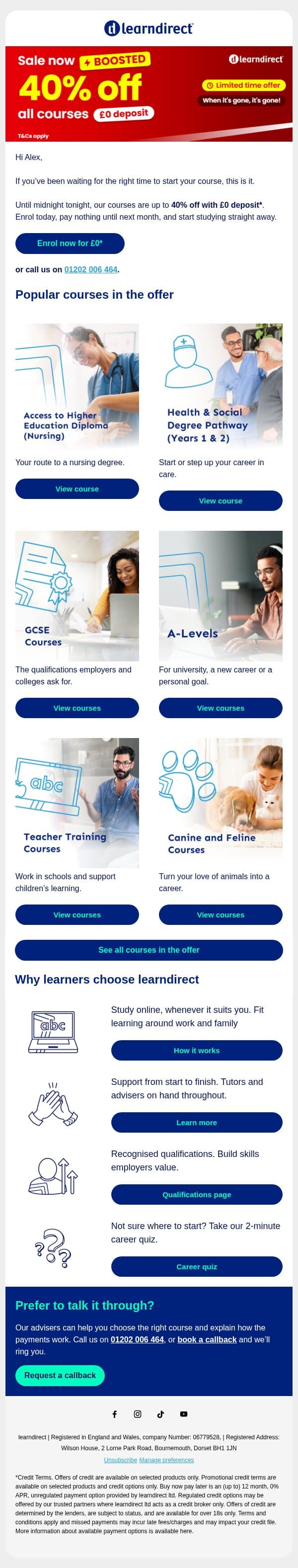Ends tonight: up to 40% off and £0 deposit email from learndirect screenshot