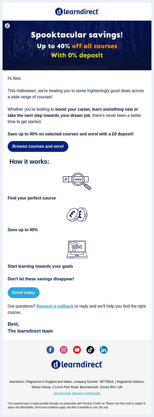 Alex, We've Got a Treat for You! 🎃 email from learndirect screenshot