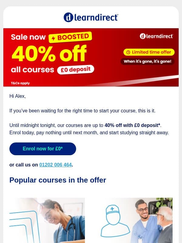 Ends tonight: up to 40% off and £0 deposit email from learndirect
