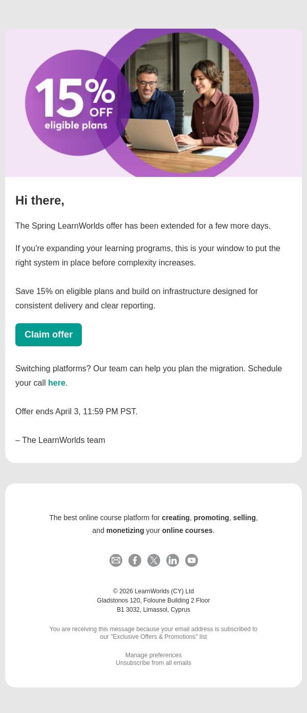 Your Spring offer has been extended email from LearnWorlds screenshot