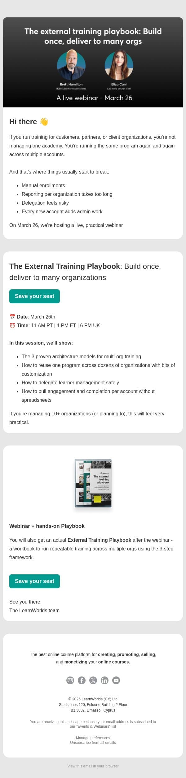 Save your seat: Multi-org training made simple email from LearnWorlds screenshot