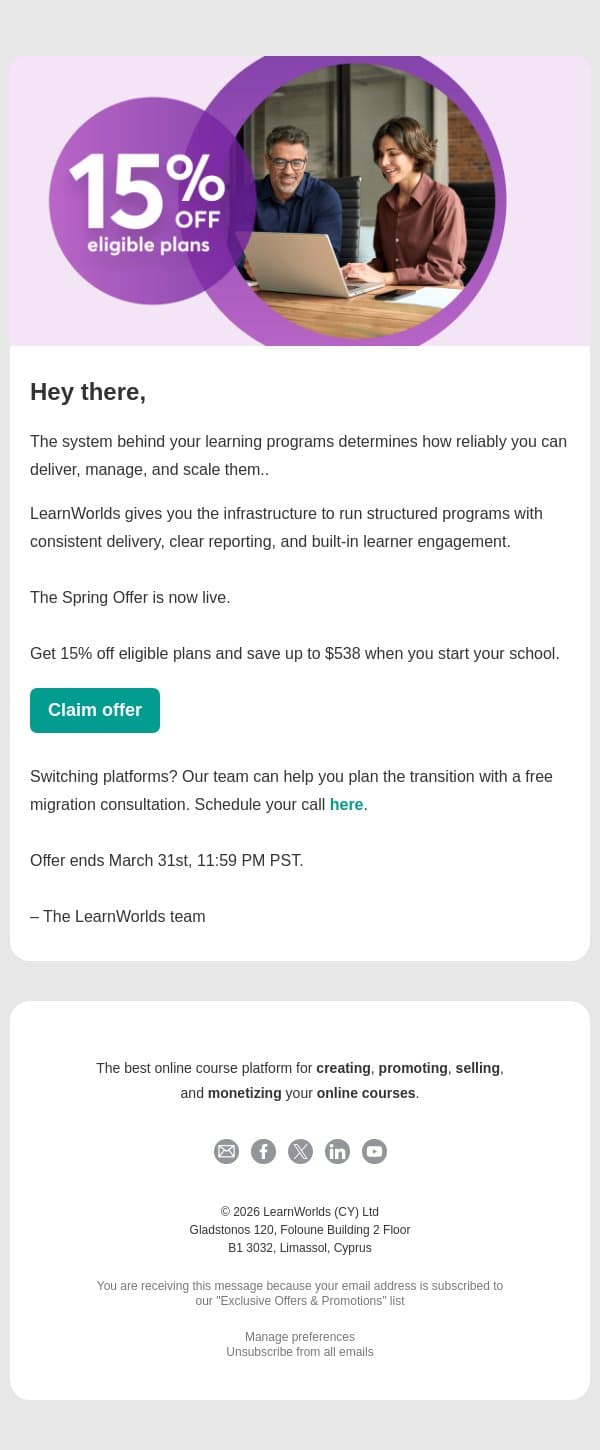 Save up to $538 on your learning platform email from LearnWorlds screenshot