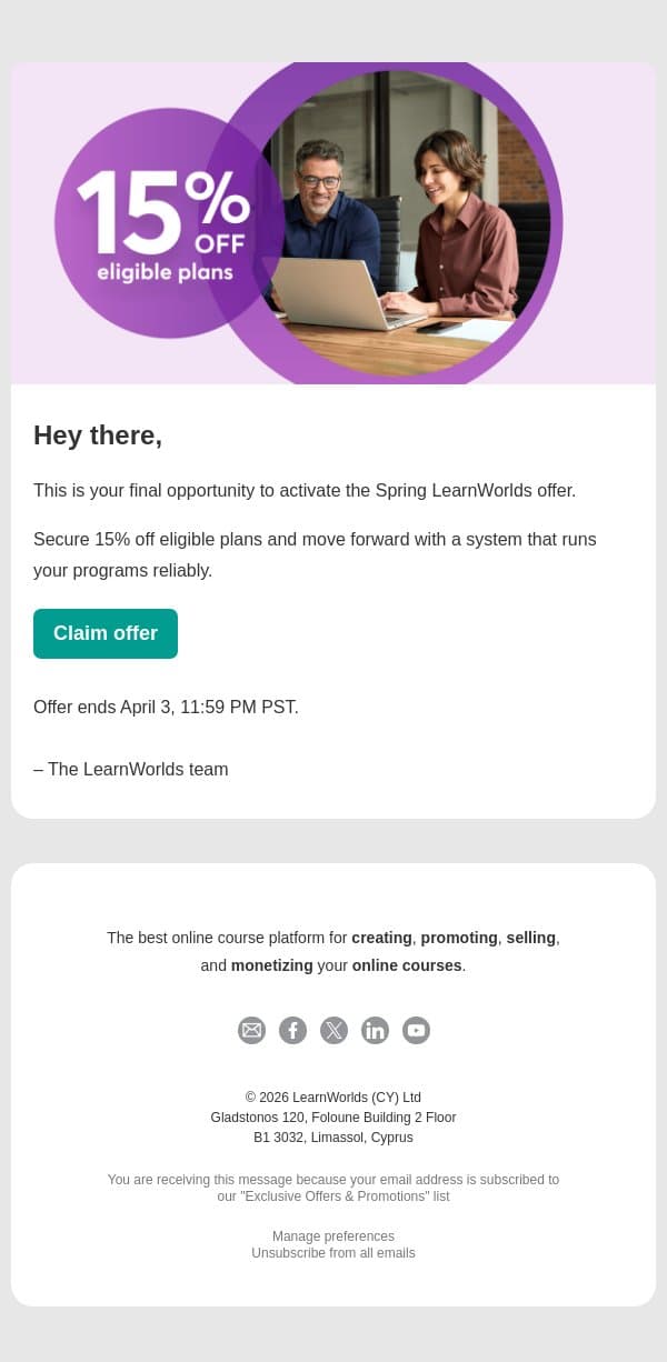 Final hours to activate the Spring offer email from LearnWorlds screenshot