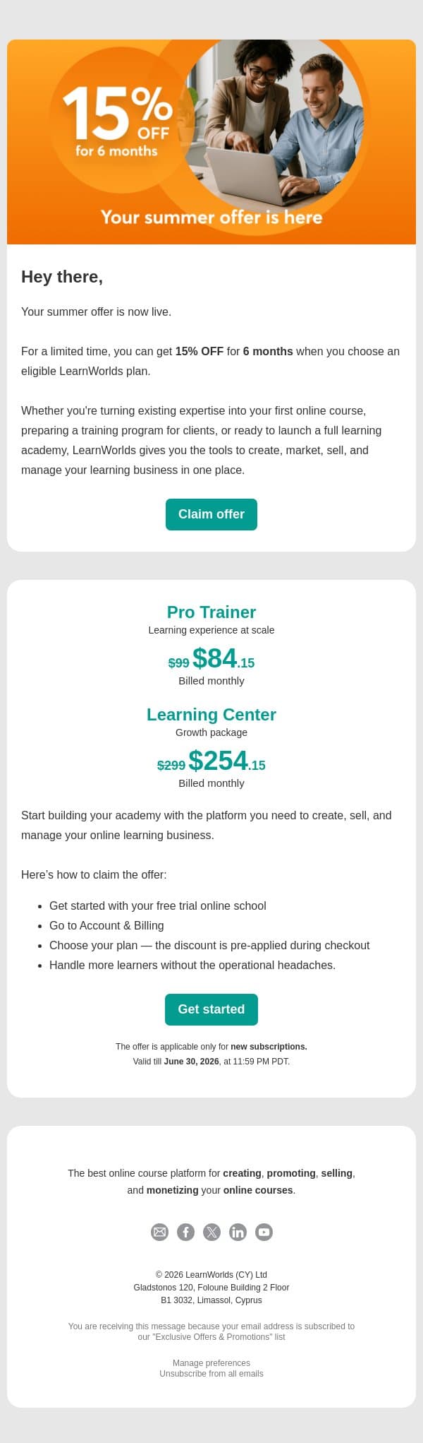 Your summer offer is here email from LearnWorlds screenshot