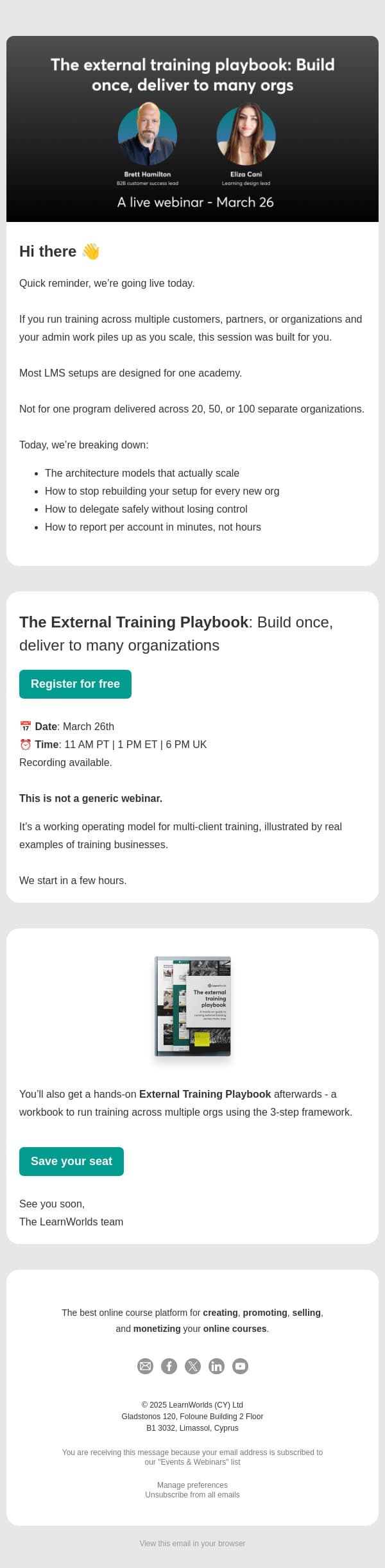 Live today: External training webinar + Playbook email from LearnWorlds screenshot