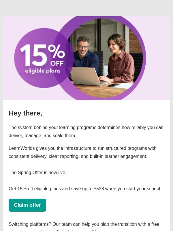 Save up to $538 on your learning platform email from LearnWorlds