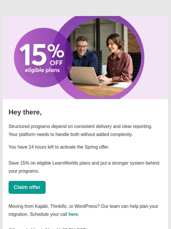 24 hours left to save up to $538 email from LearnWorlds