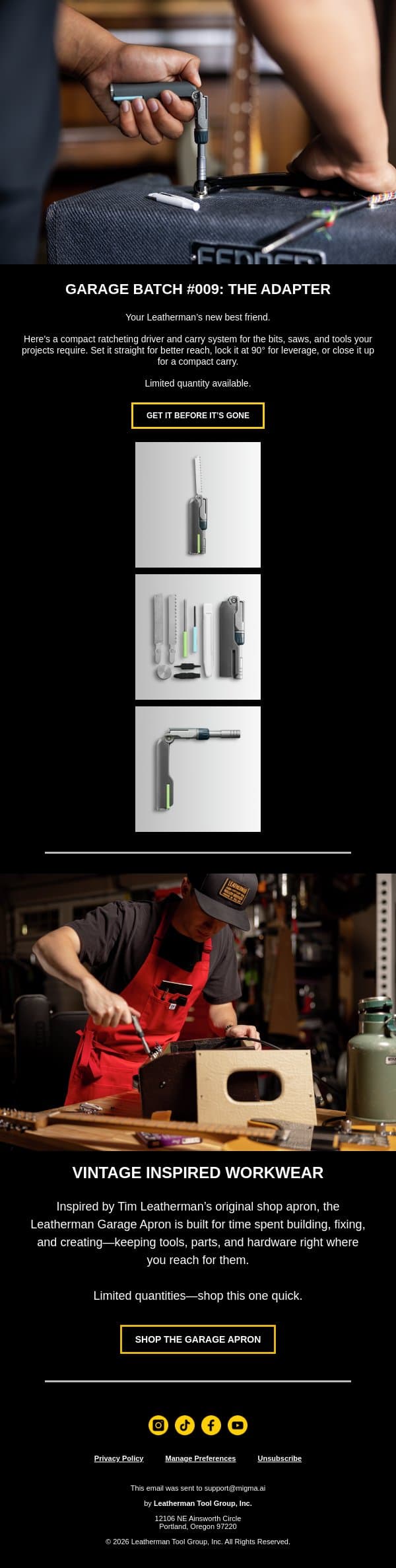 Garage Batch #009 Drops TODAY email from Leatherman screenshot