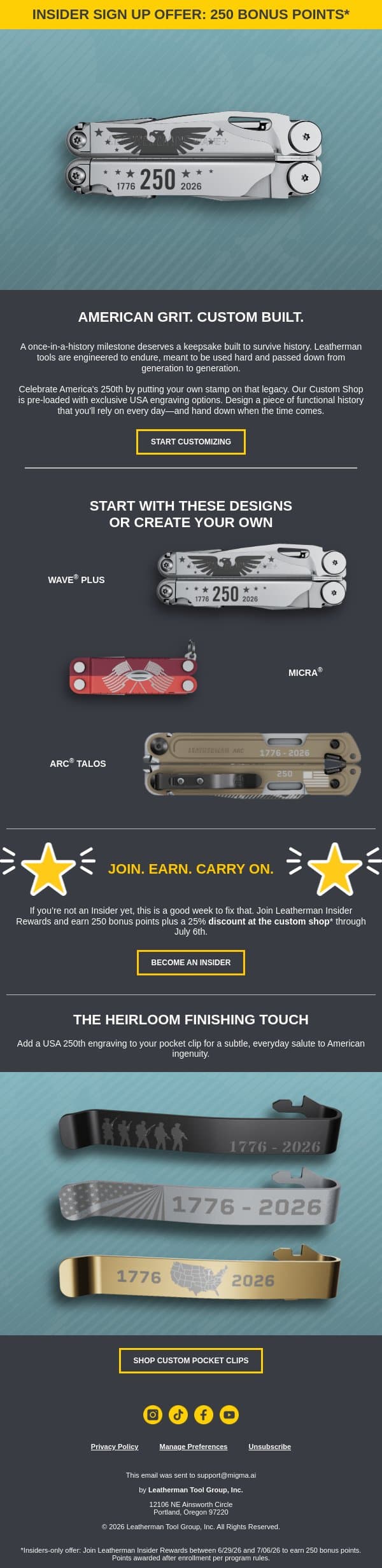 ⭐ 1776 - 2026 ⭐ email from Leatherman screenshot