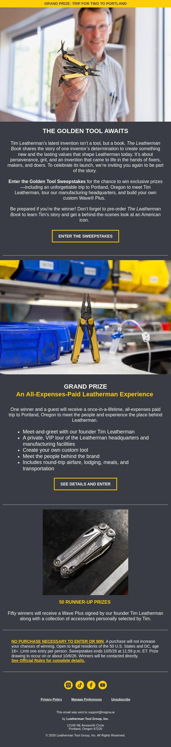 Enter the Golden Tool Sweepstakes* email from Leatherman screenshot