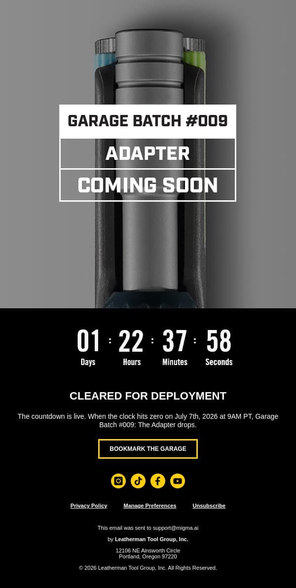 T Minus 2 email from Leatherman screenshot