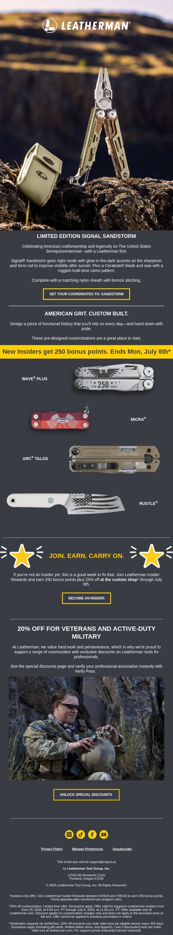 250 Years of American Grit email from Leatherman screenshot