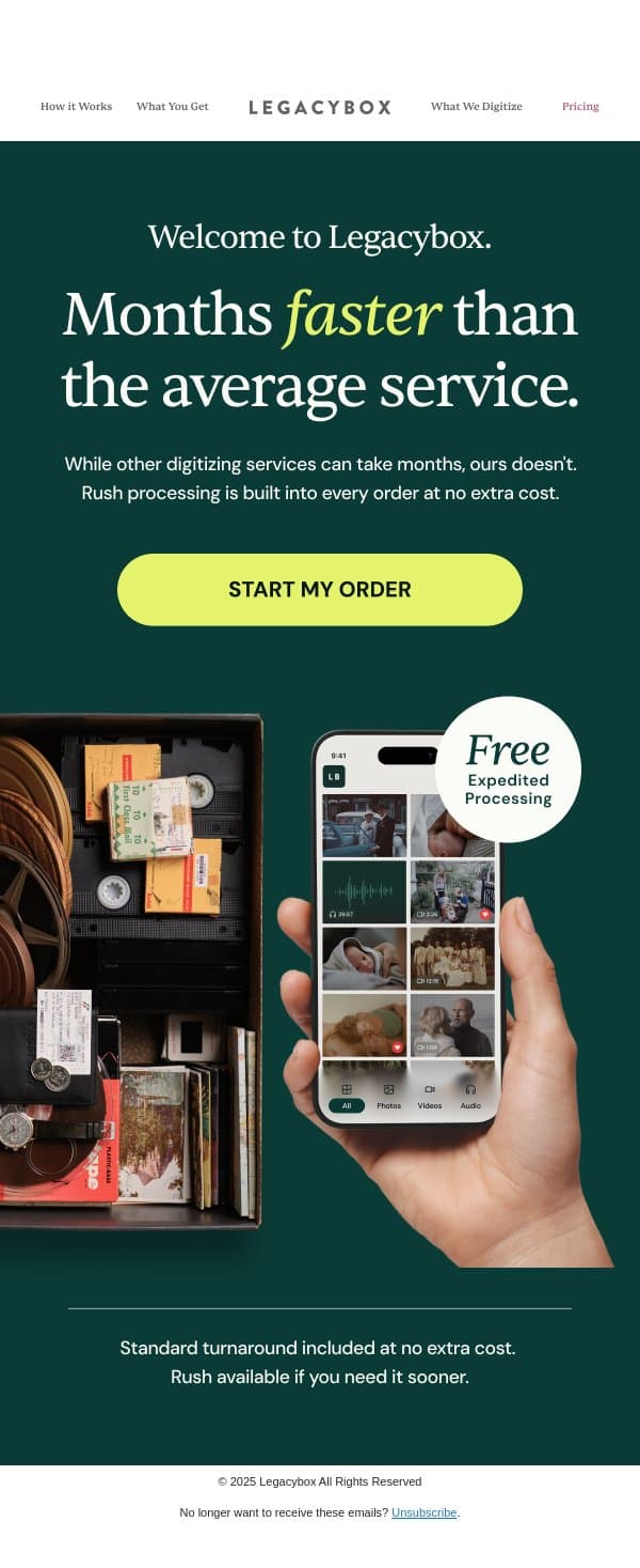 Psst, most people wait months. You won't ⚡ email from Legacybox screenshot