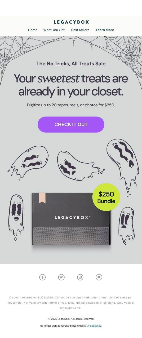 $250 to unlock the treats in your closet email from Legacybox screenshot