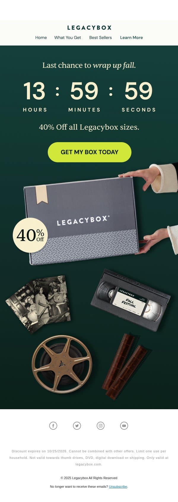 FINAL HOURS: 40% off ends T-O-N-I-G-H-T email from Legacybox screenshot