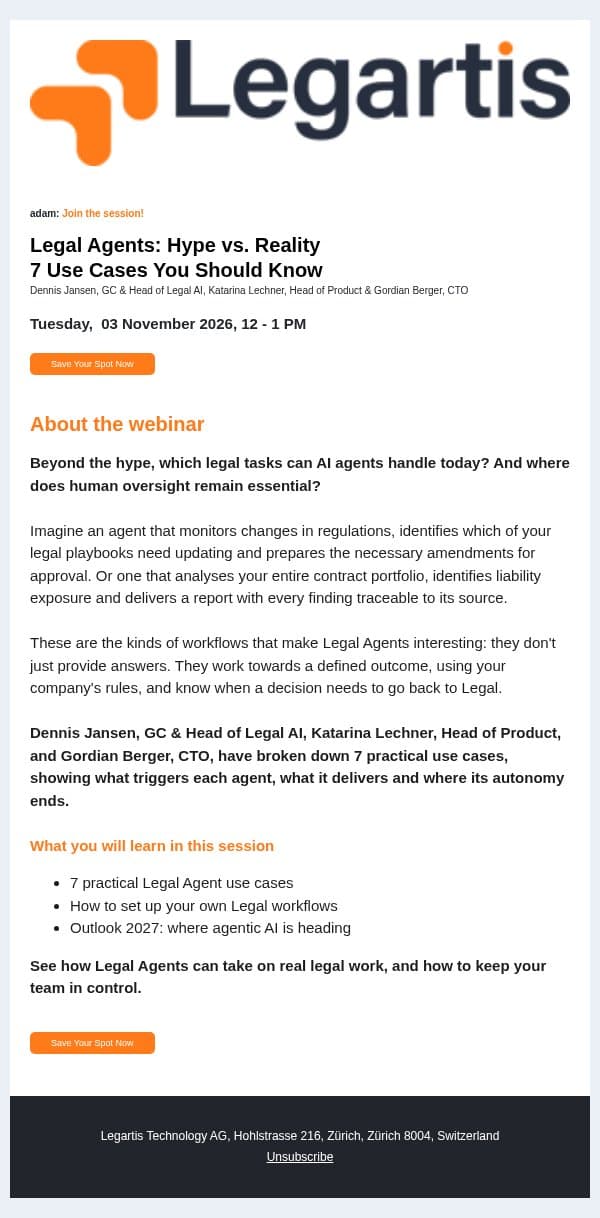 adam: Invitation for the session "Legal Agents: Hype vs. Reality" email from Legartis screenshot