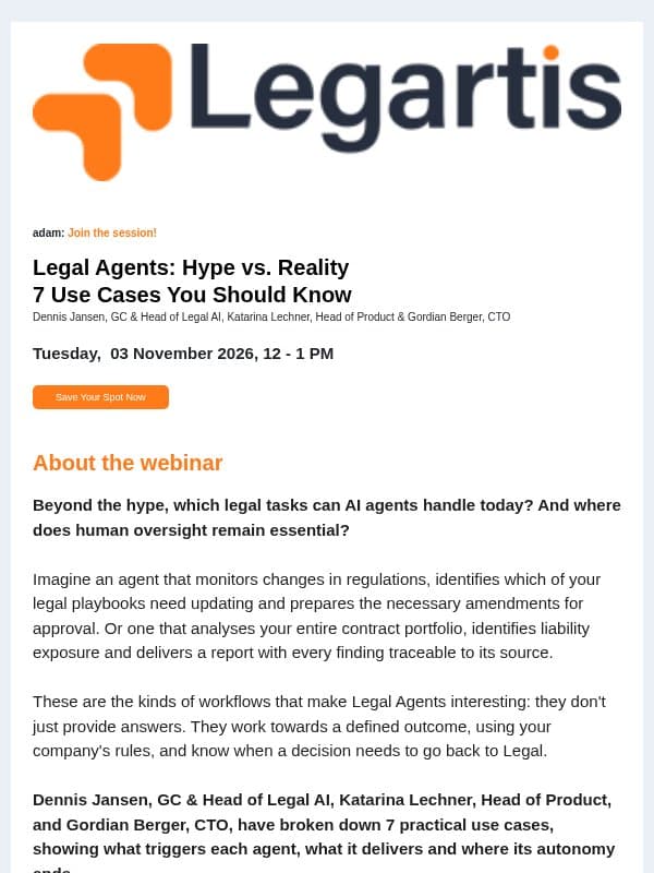 adam: Invitation for the session "Legal Agents: Hype vs. Reality" email from Legartis