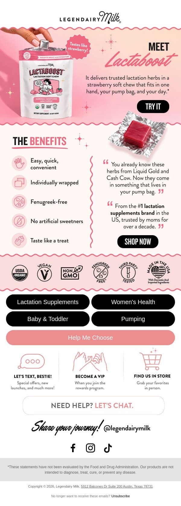 Milk supply support, minus the pill 🍓 email from Legendairy Milk screenshot