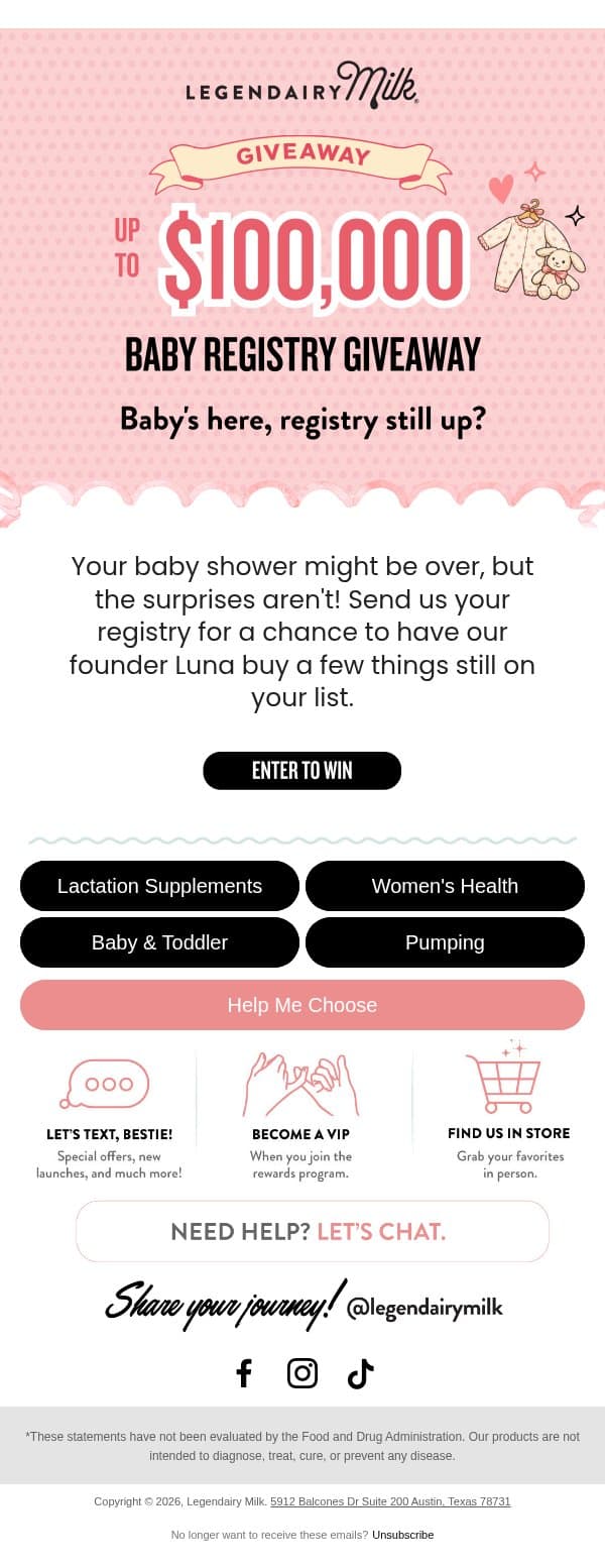 We're giving away up to $100,000 for your registry 🎁 email from Legendairy Milk screenshot