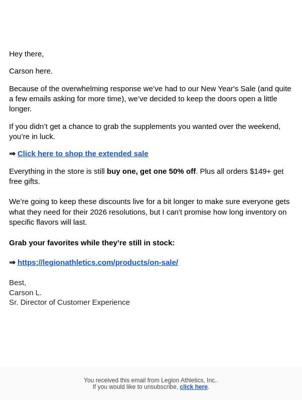 Good news (sale extended) email from Legion Athletics screenshot