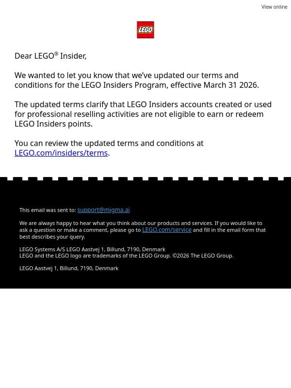 We’ve updated our LEGO® Insiders terms and conditions email from LEGO®