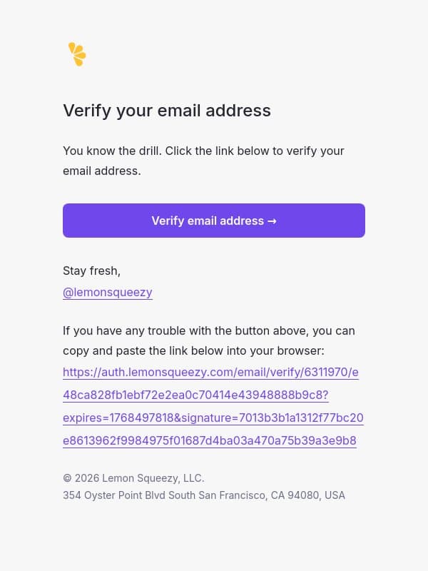 Verify Email Address email from Lemon Squeezy screenshot