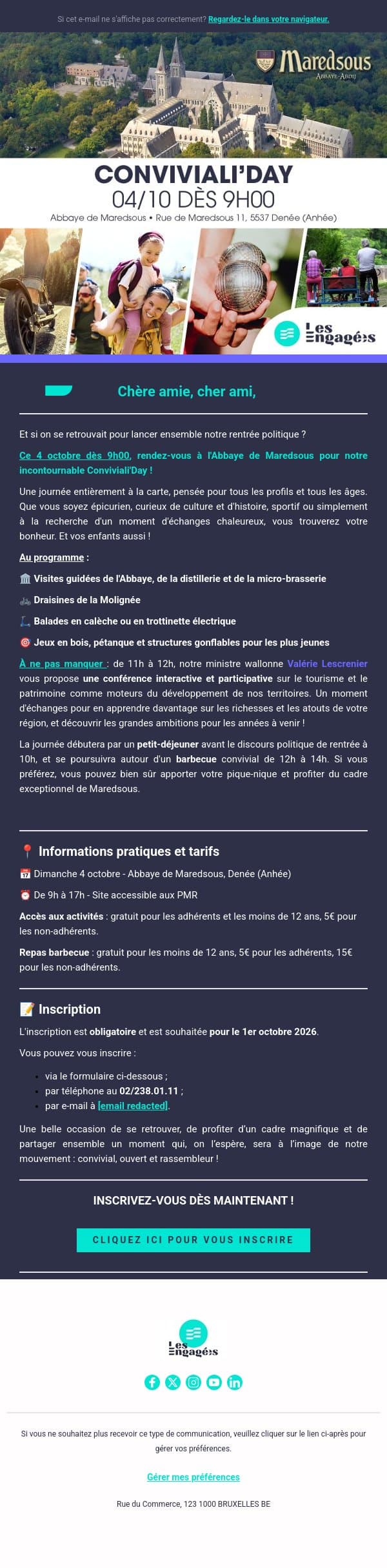 🥂 Invitation à notre CONVIVIALI’DAY à l’Abbaye de Maredsous email from Les Engagés screenshot