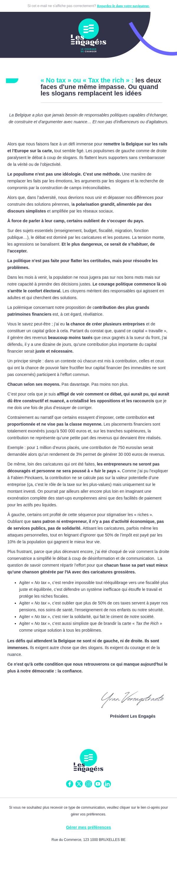 Message de notre président Yvan Verougstraete email from Les Engagés screenshot