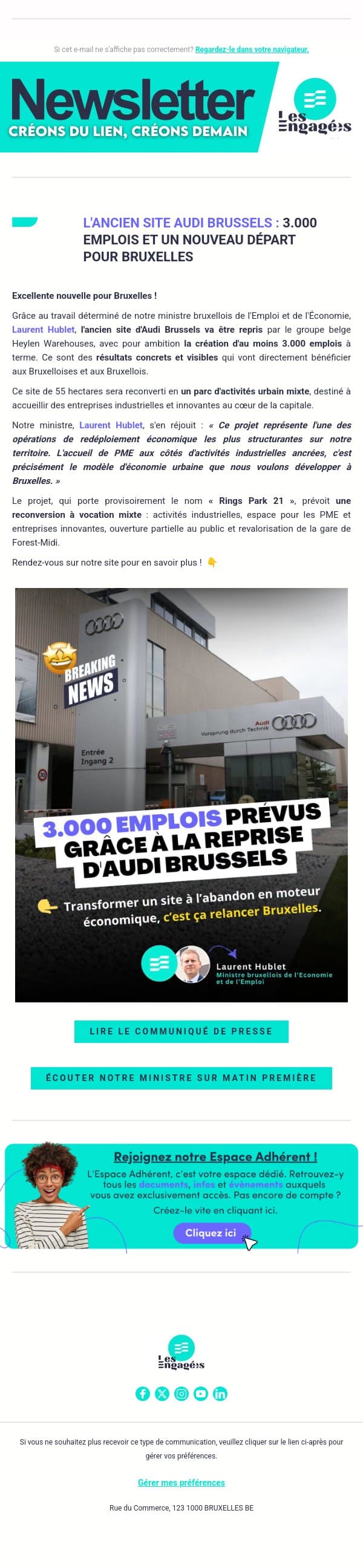 📣 BREAKING NEWS : Le site Audi Brussels renaît avec 3.000 emplois à la clé ! email from Les Engagés screenshot