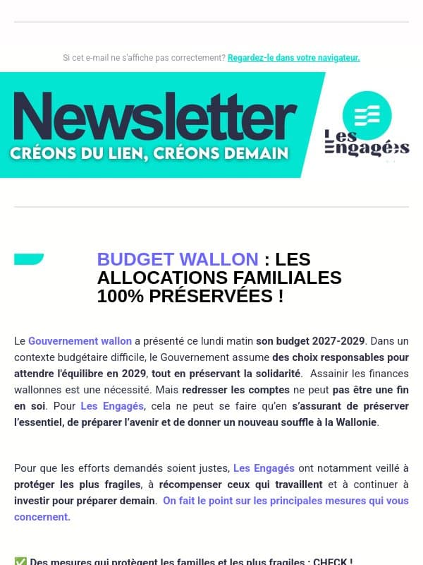Budget wallon : les allocations familiales 100% préservées email from Les Engagés