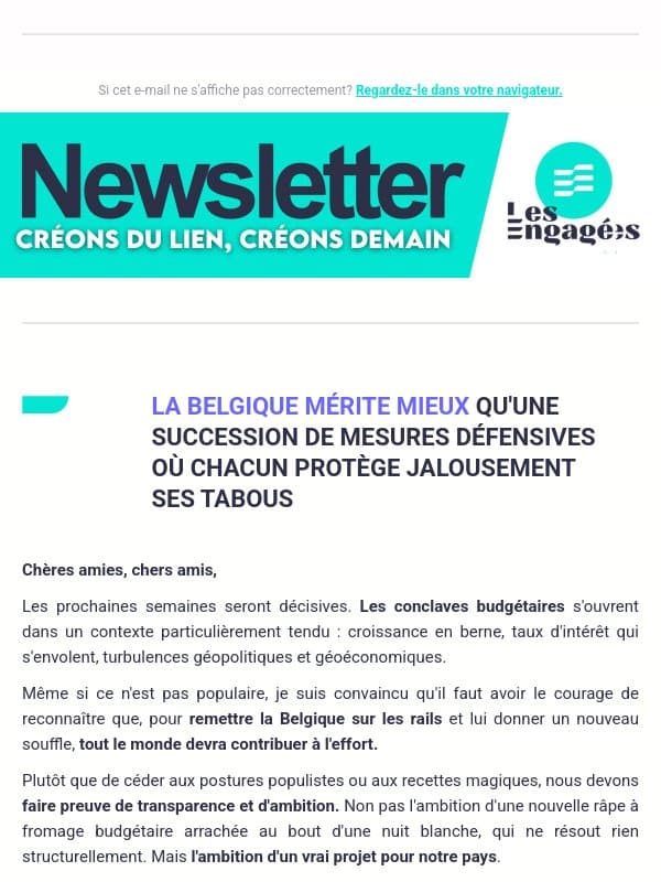 À L'APPROCHE DES CONCLAVES BUDGÉTAIRES, NOTRE PRÉSIDENT VOUS ÉCRIT email from Les Engagés